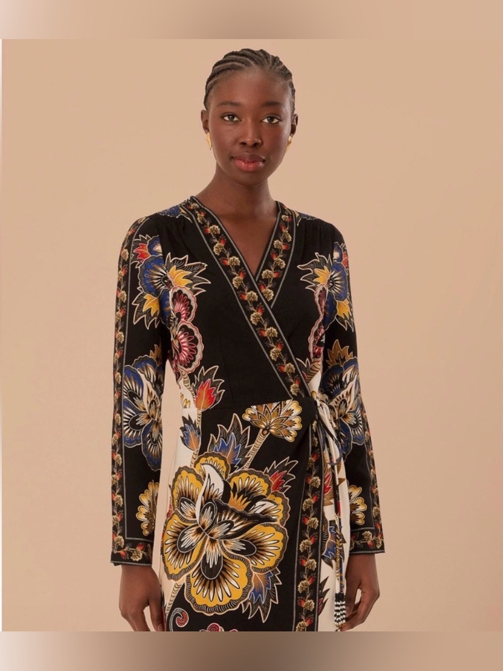 Farm Rio NWOT Long Sleeve Maxi Floral Wrap Mini Dress Black Women's Size XS
